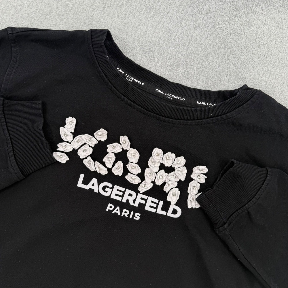 Karl Lagerfeld Paris‎ Womens Black Floral Applique Rhinestone Sweatshirt Size S